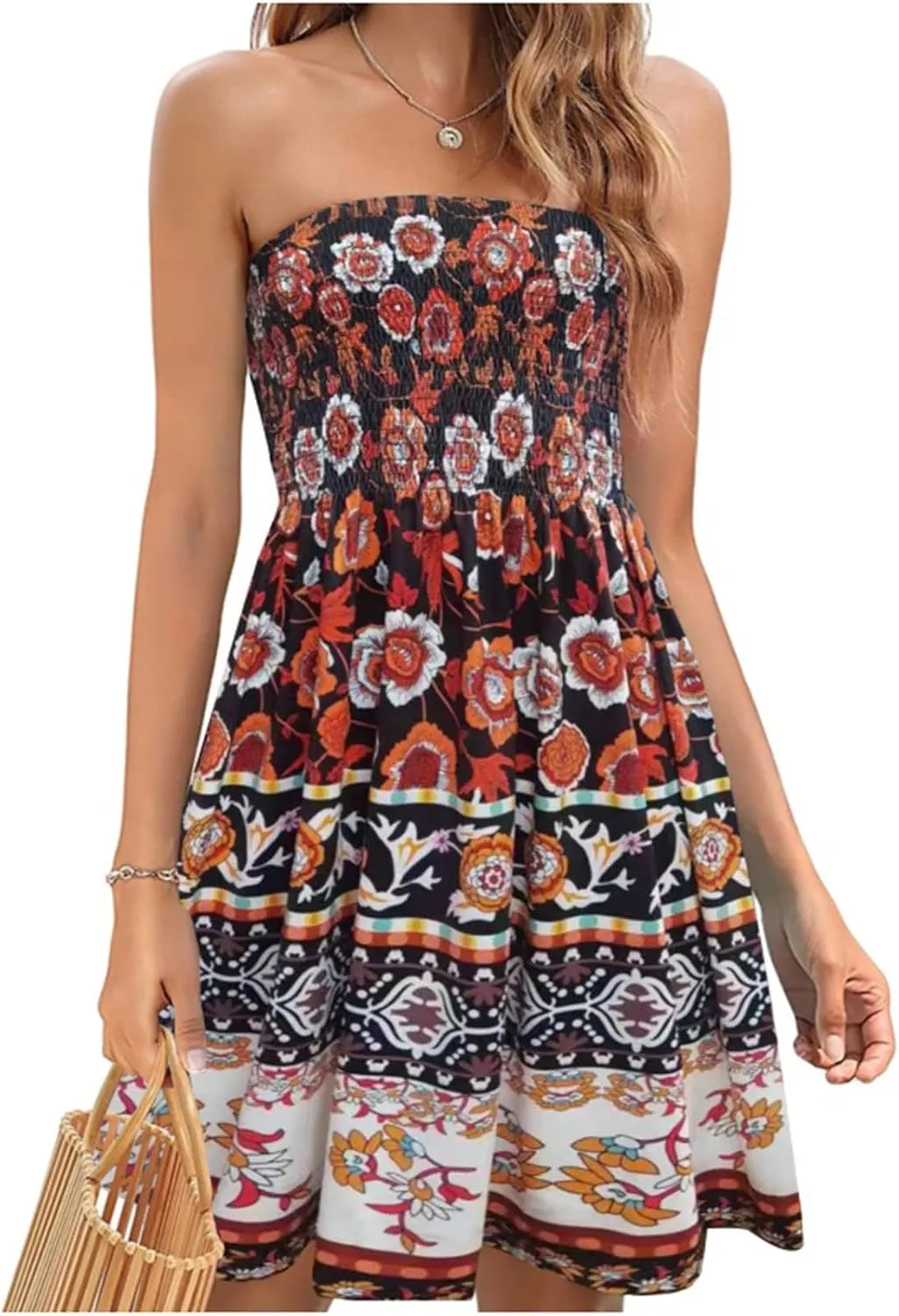 Summer Dresses for Women Strapless Sexy Casual Beach Vacation Dress Cover Ups Tube Top Boho Floral Print Sundress