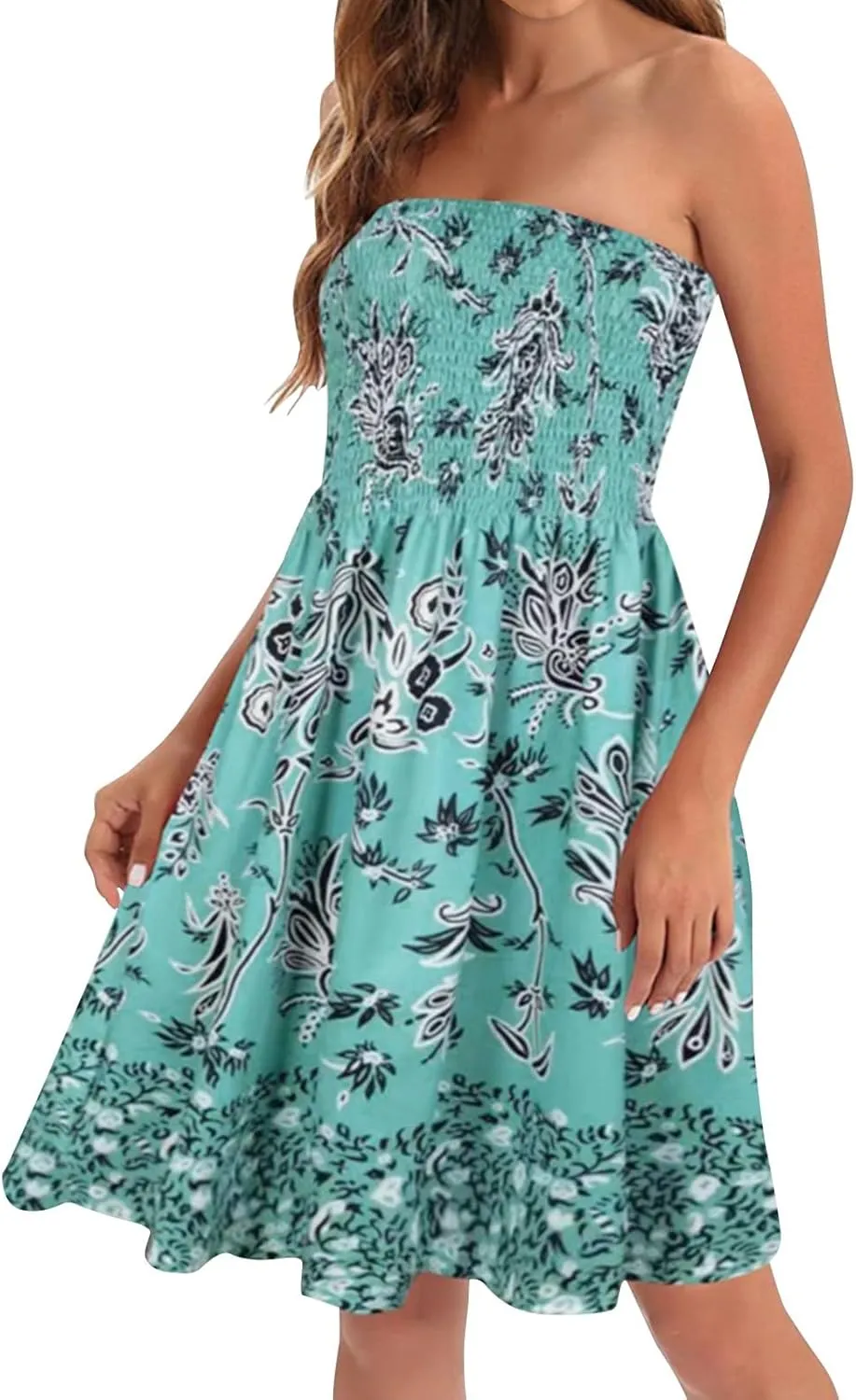 Summer Dresses for Women Strapless Sexy Casual Beach Vacation Dress Cover Ups Tube Top Boho Floral Print Sundress