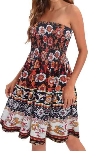 Summer Dresses for Women Strapless Sexy Casual Beach Vacation Dress Cover Ups Tube Top Boho Floral Print Sundress