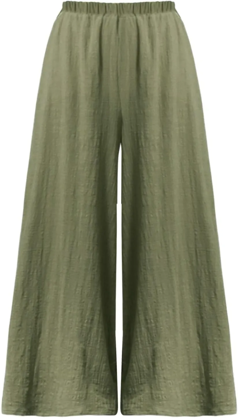 Summer Palazzo Pants for Women Fashion 2025 Cotton Linen Wide Leg Flowy Pants Solid Lightweight Casual Baggy Trousers