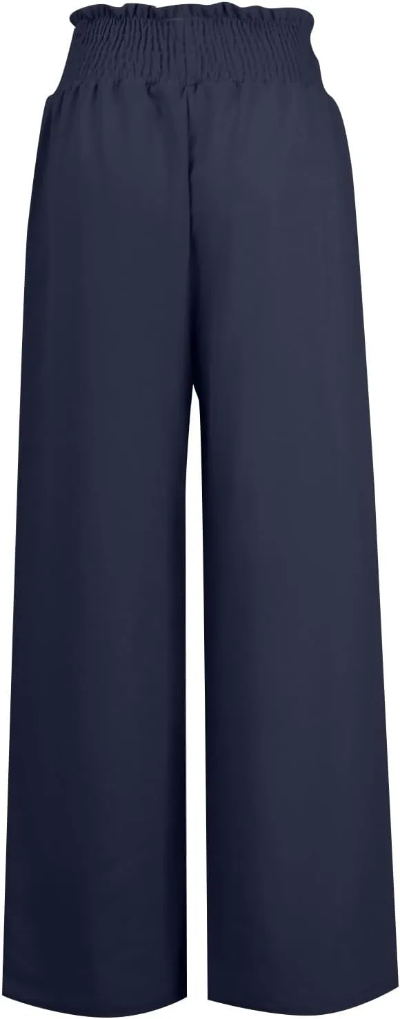 Summer Palazzo Pants for Women Trendy Flowy Wide Leg Cotton Linen Pants High Waisted Vintage Casual Trousers Pockets