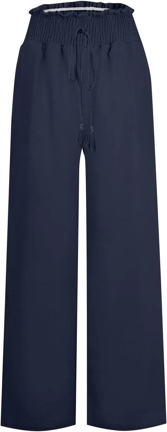 Summer Palazzo Pants for Women Trendy Flowy Wide Leg Cotton Linen Pants High Waisted Vintage Casual Trousers Pockets