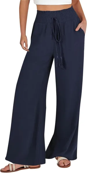 Summer Palazzo Pants for Women Trendy Flowy Wide Leg Cotton Linen Pants High Waisted Vintage Casual Trousers Pockets