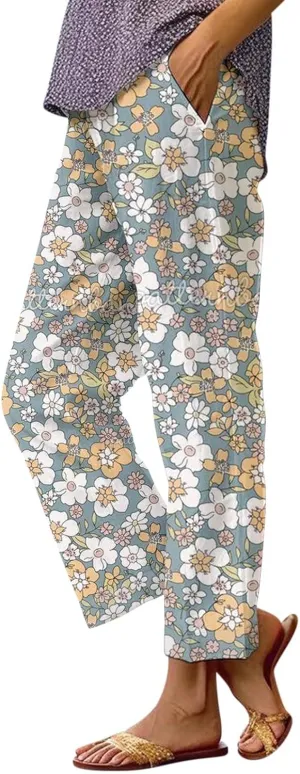 Summer Pants for Women 2025 Vacation Casual Boho Floral Print Cotton Linen Pants Fashion Wide Leg Stripe Lounge Pant