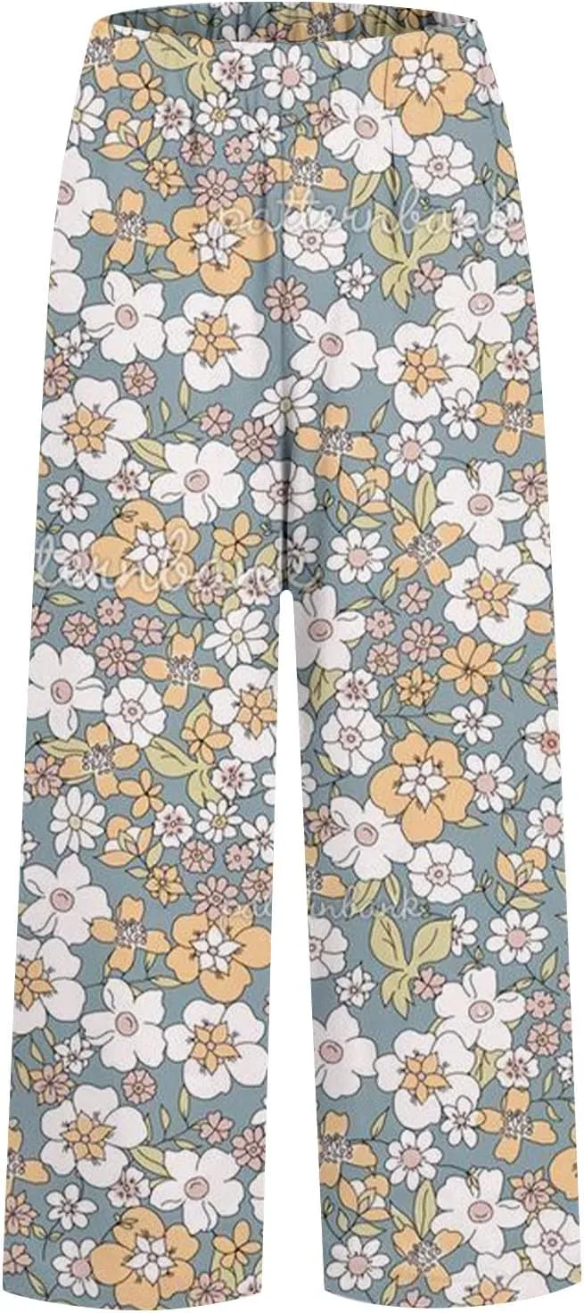 Summer Pants for Women 2025 Vacation Casual Boho Floral Print Cotton Linen Pants Fashion Wide Leg Stripe Lounge Pant