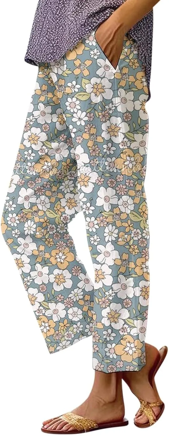 Summer Pants for Women 2025 Vacation Casual Boho Floral Print Cotton Linen Pants Fashion Wide Leg Stripe Lounge Pant