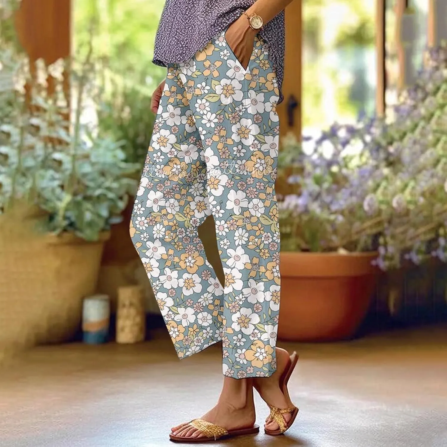 Summer Pants for Women 2025 Vacation Casual Boho Floral Print Cotton Linen Pants Fashion Wide Leg Stripe Lounge Pant