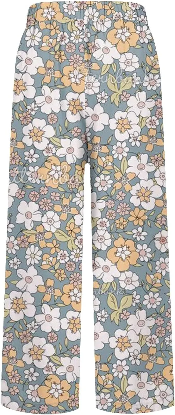 Summer Pants for Women 2025 Vacation Casual Boho Floral Print Cotton Linen Pants Fashion Wide Leg Stripe Lounge Pant