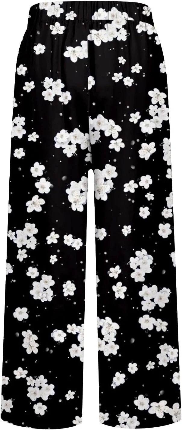 Summer Pants for Women 2025 Vacation Casual Boho Floral Print Cotton Linen Pants Fashion Wide Leg Stripe Lounge Pant
