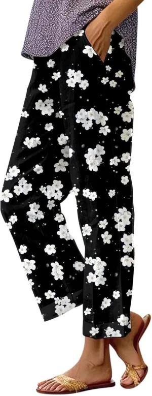 Summer Pants for Women 2025 Vacation Casual Boho Floral Print Cotton Linen Pants Fashion Wide Leg Stripe Lounge Pant