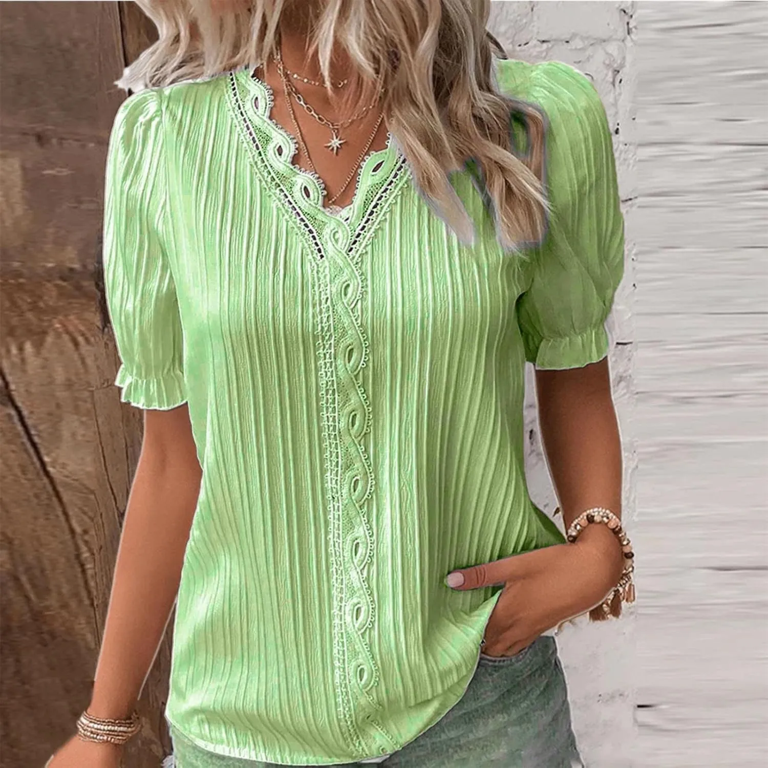 Summer Tops for Women 2025 Casual Lace V Neck Plain Elegant Shirt Fashion Solid Short Sleeve Tunic Blouses Outfits