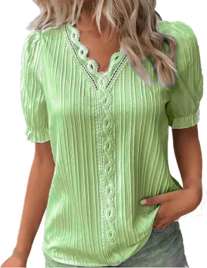 Summer Tops for Women 2025 Casual Lace V Neck Plain Elegant Shirt Fashion Solid Short Sleeve Tunic Blouses Outfits