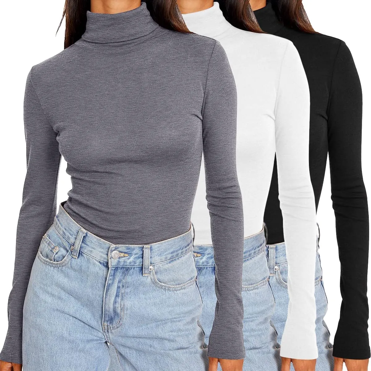 SUNBS Womens 3 Piece Turtleneck Long Sleeve Shirts Mock Neck Fall Fashion 2025 Slim Fit Winter Thermal Underwear Tops