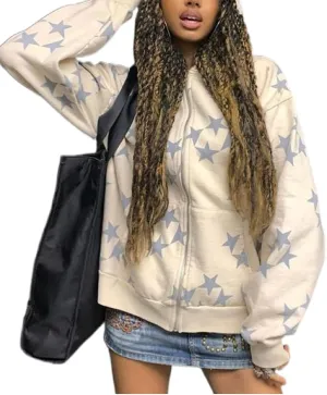 Sunwittafy Women's Aesthetic Zip Up Hoodie Y2k Long Sleeve Oversized Hooded Sweatshirt Fashion Jacket Vintage Streetwear