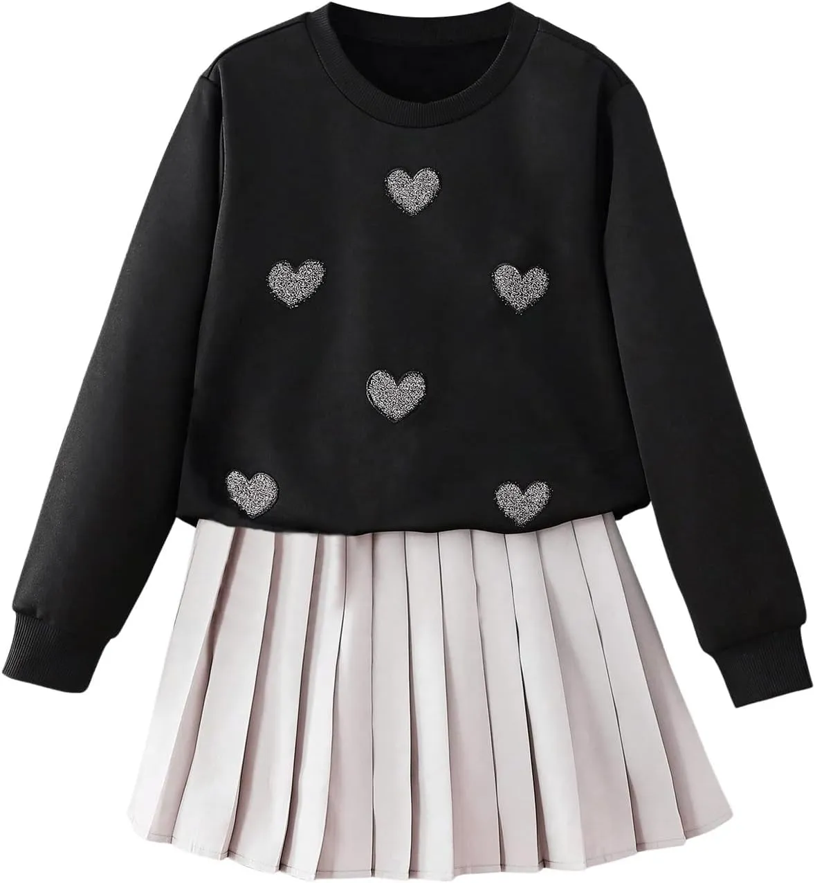 SweatyRocks Girl's 2 Piece Outfits Sparkly Heart Graphic Sweatshirt and Pleated Skirts Set