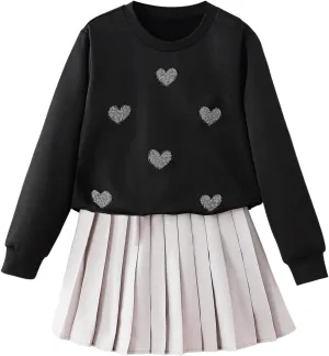 SweatyRocks Girl's 2 Piece Outfits Sparkly Heart Graphic Sweatshirt and Pleated Skirts Set