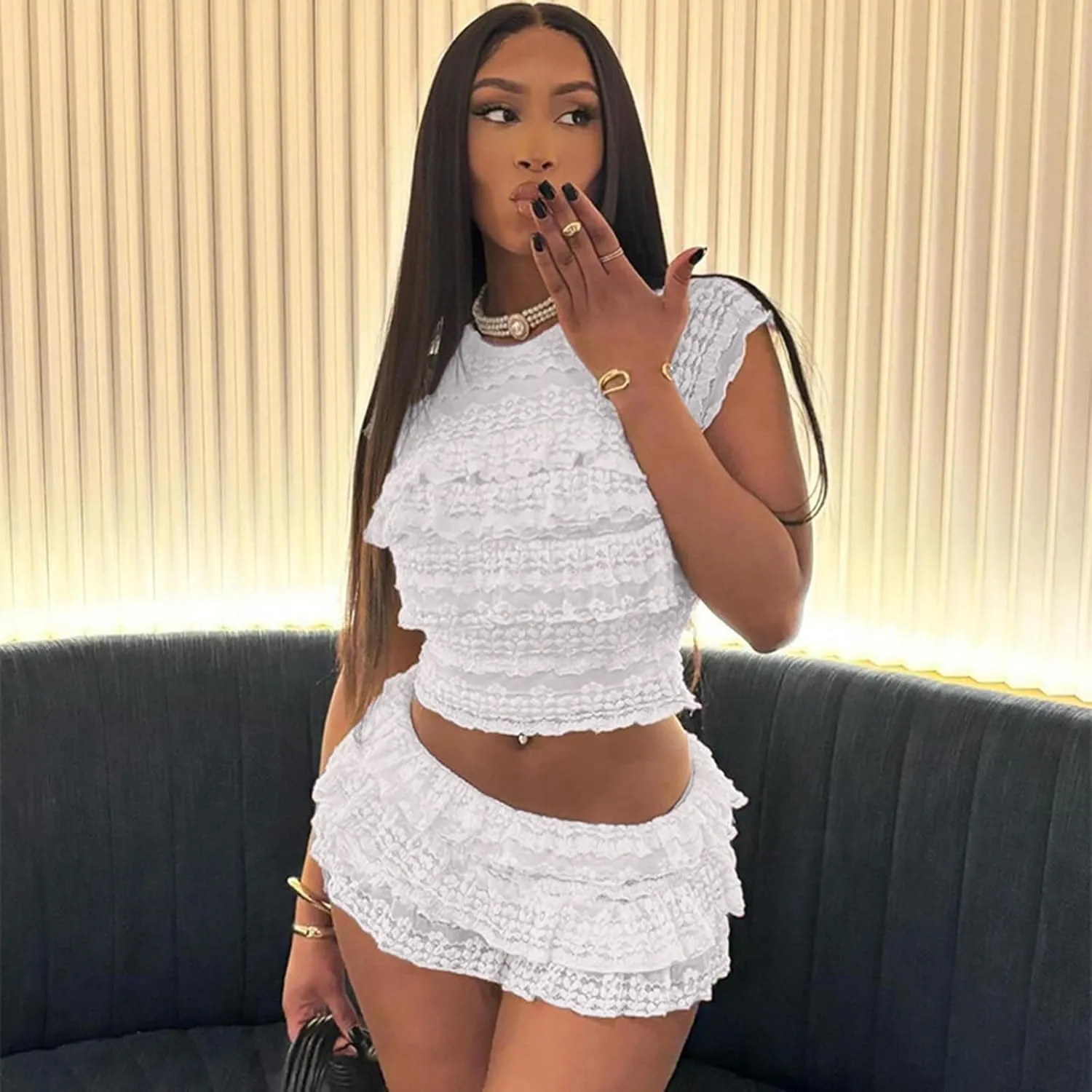 Sweetheart Stretch Lace 2 Piece Outfits for Women Crop Top and Low Waisted Mini Skort Sexy Solid Color Ruched Set