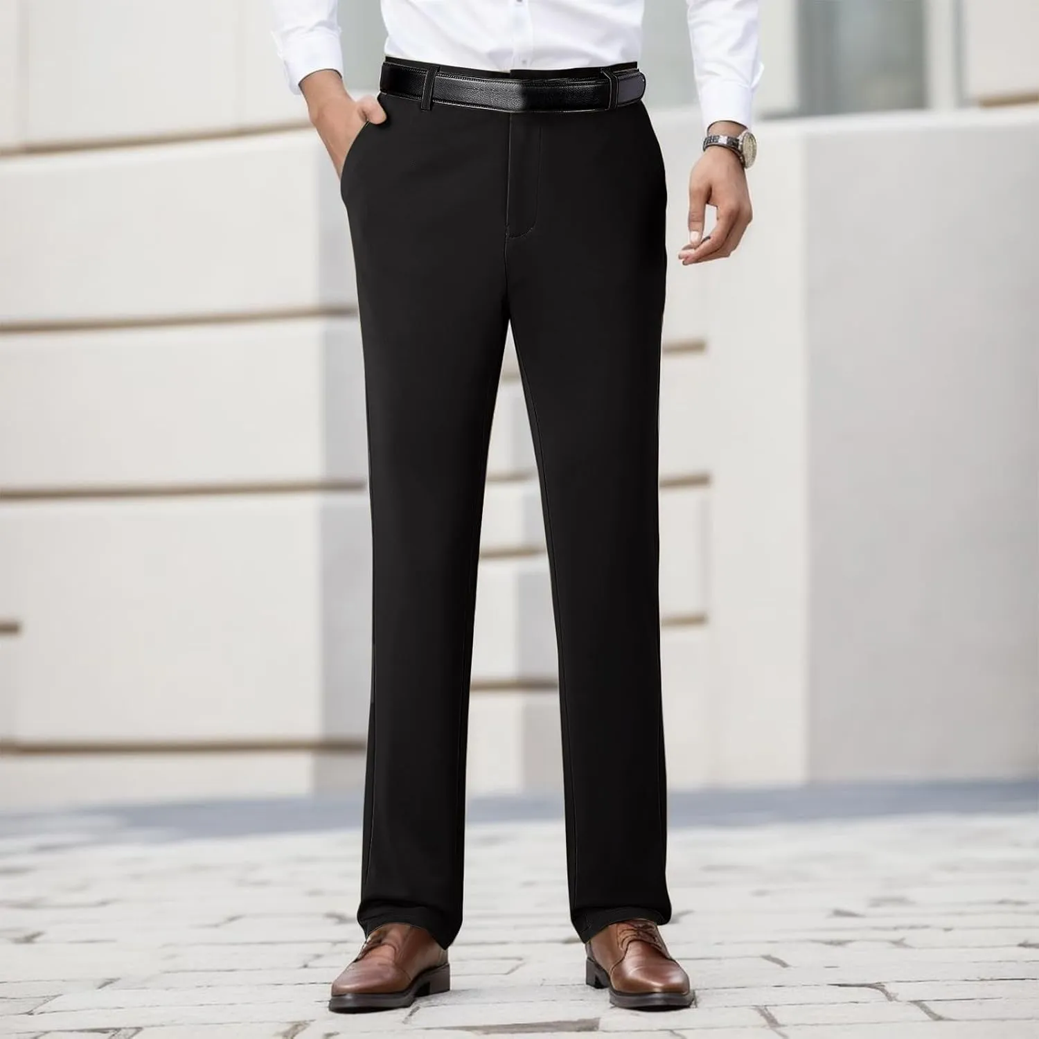 Tall Men's Casual Linen Pants, Summer Elastic Waist Straight Leg Loose Fit Beach Slacks, Business Non Ironing Pants