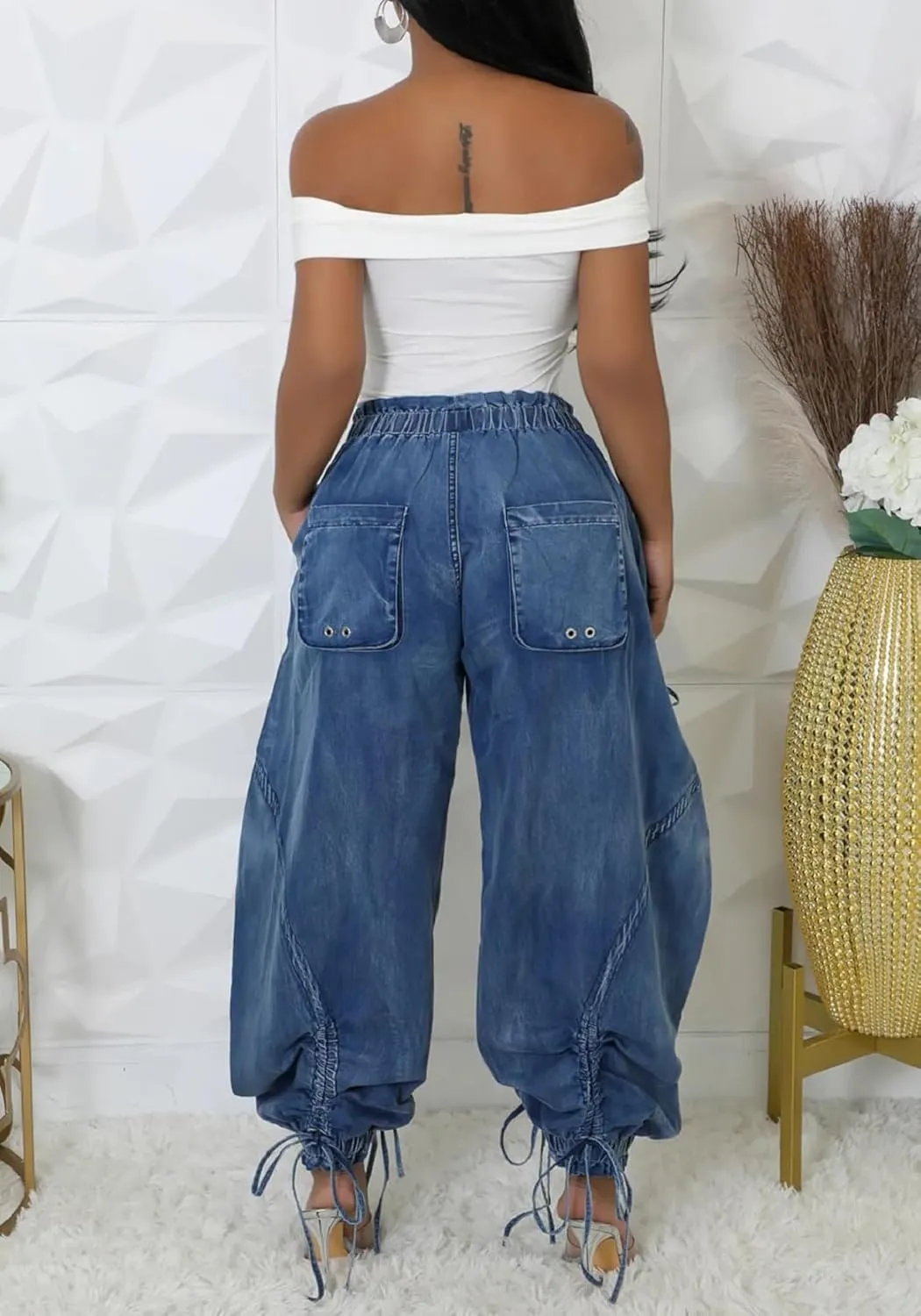 Tbahhir Baggy Cargo Jeans for Women High Waist Wide Leg Denim Pants Loose Harem Drawstring Jogger Sweatpants Trousers