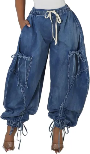 Tbahhir Baggy Cargo Jeans for Women High Waist Wide Leg Denim Pants Loose Harem Drawstring Jogger Sweatpants Trousers