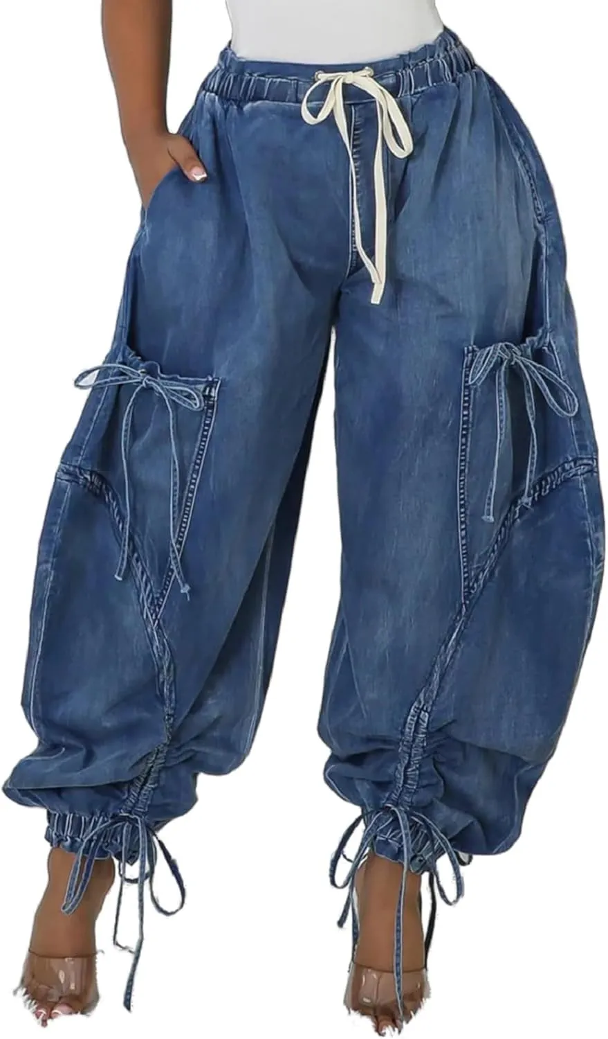 Tbahhir Baggy Cargo Jeans for Women High Waist Wide Leg Denim Pants Loose Harem Drawstring Jogger Sweatpants Trousers