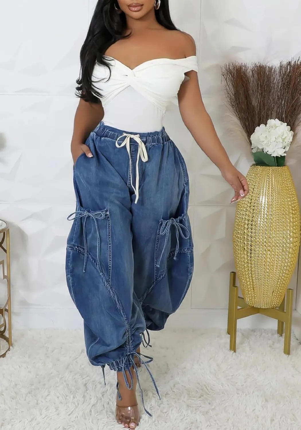 Tbahhir Baggy Cargo Jeans for Women High Waist Wide Leg Denim Pants Loose Harem Drawstring Jogger Sweatpants Trousers