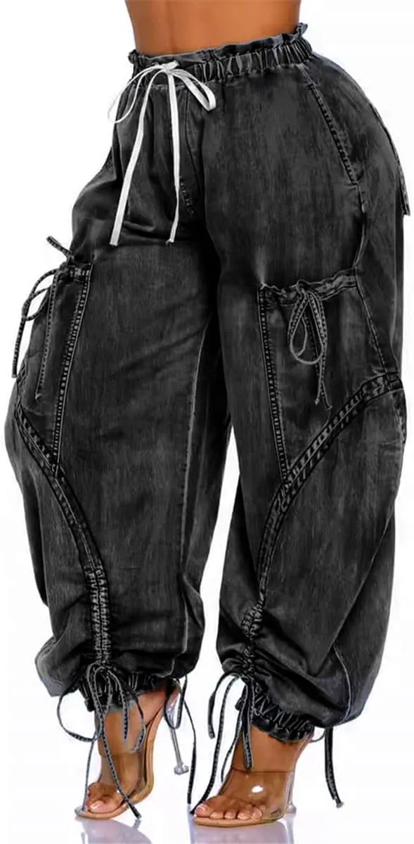 Tbahhir Baggy Cargo Jeans for Women High Waist Wide Leg Denim Pants Loose Harem Drawstring Jogger Sweatpants Trousers