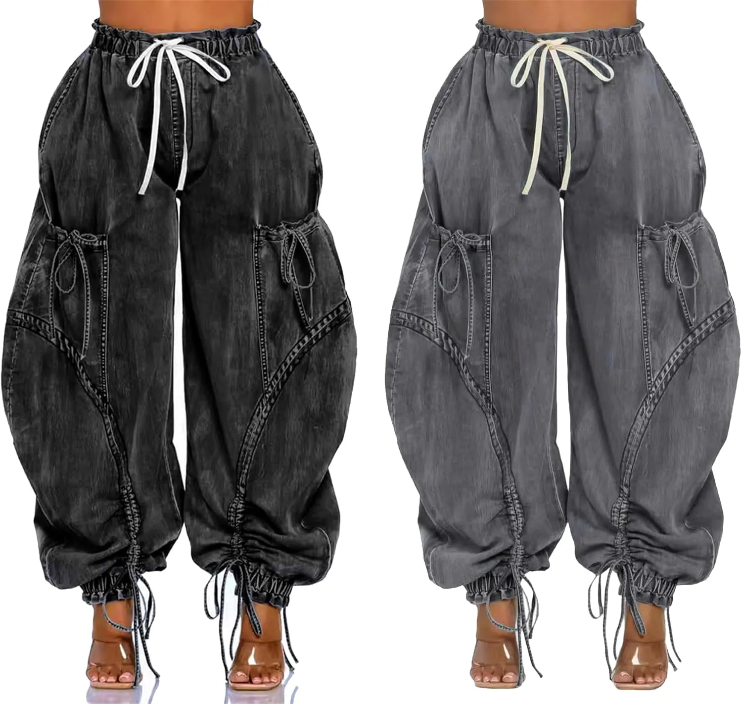 Tbahhir Baggy Cargo Jeans for Women High Waist Wide Leg Denim Pants Loose Harem Drawstring Jogger Sweatpants Trousers