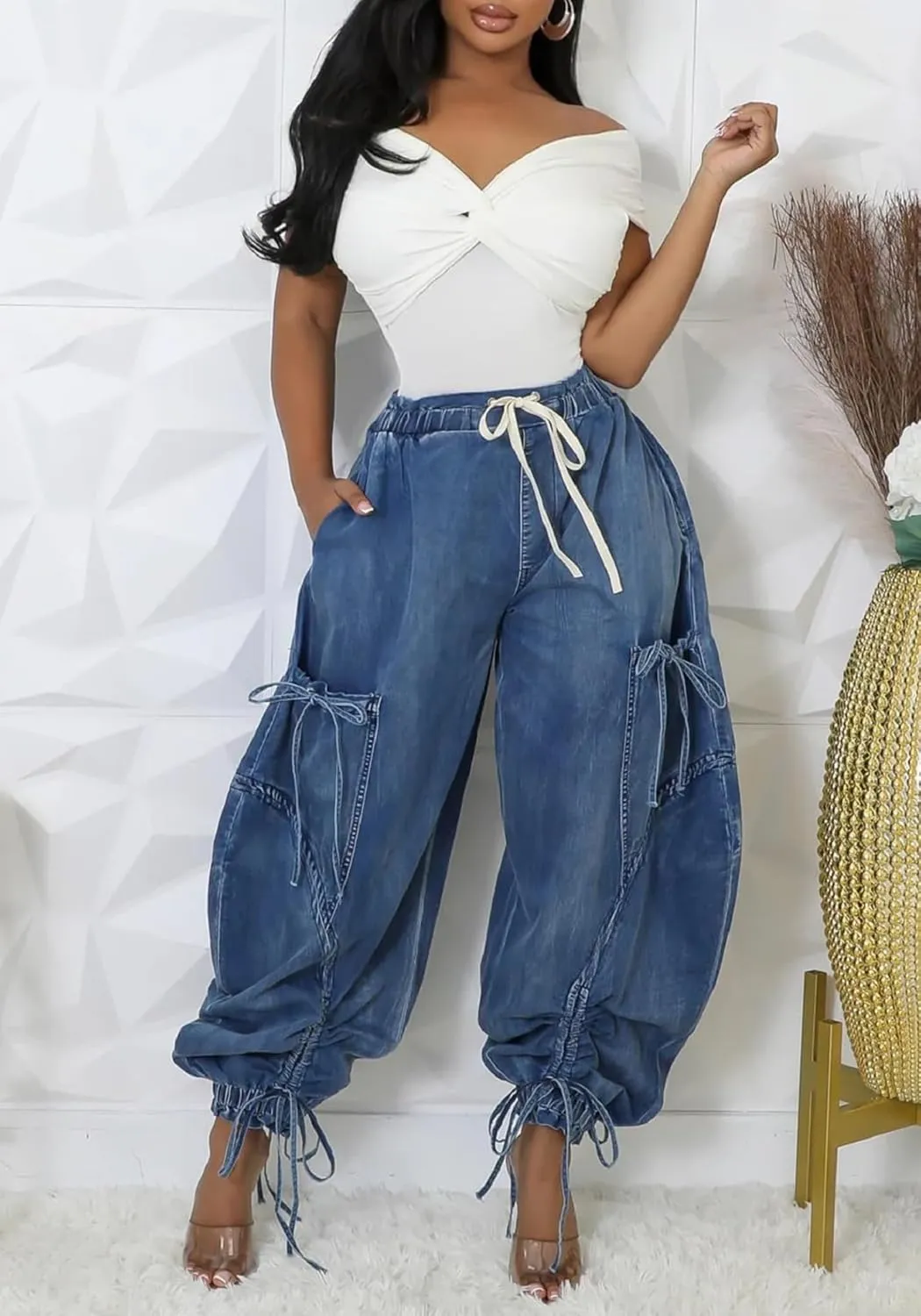 Tbahhir Baggy Cargo Jeans for Women High Waist Wide Leg Denim Pants Loose Harem Drawstring Jogger Sweatpants Trousers