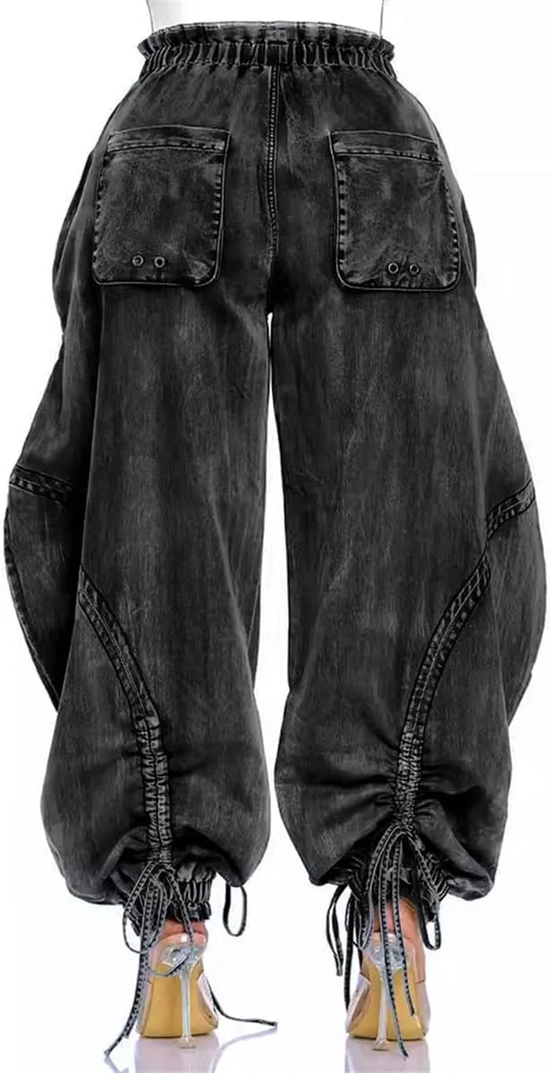 Tbahhir Baggy Cargo Jeans for Women High Waist Wide Leg Denim Pants Loose Harem Drawstring Jogger Sweatpants Trousers