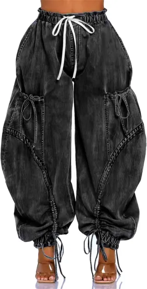 Tbahhir Baggy Cargo Jeans for Women High Waist Wide Leg Denim Pants Loose Harem Drawstring Jogger Sweatpants Trousers