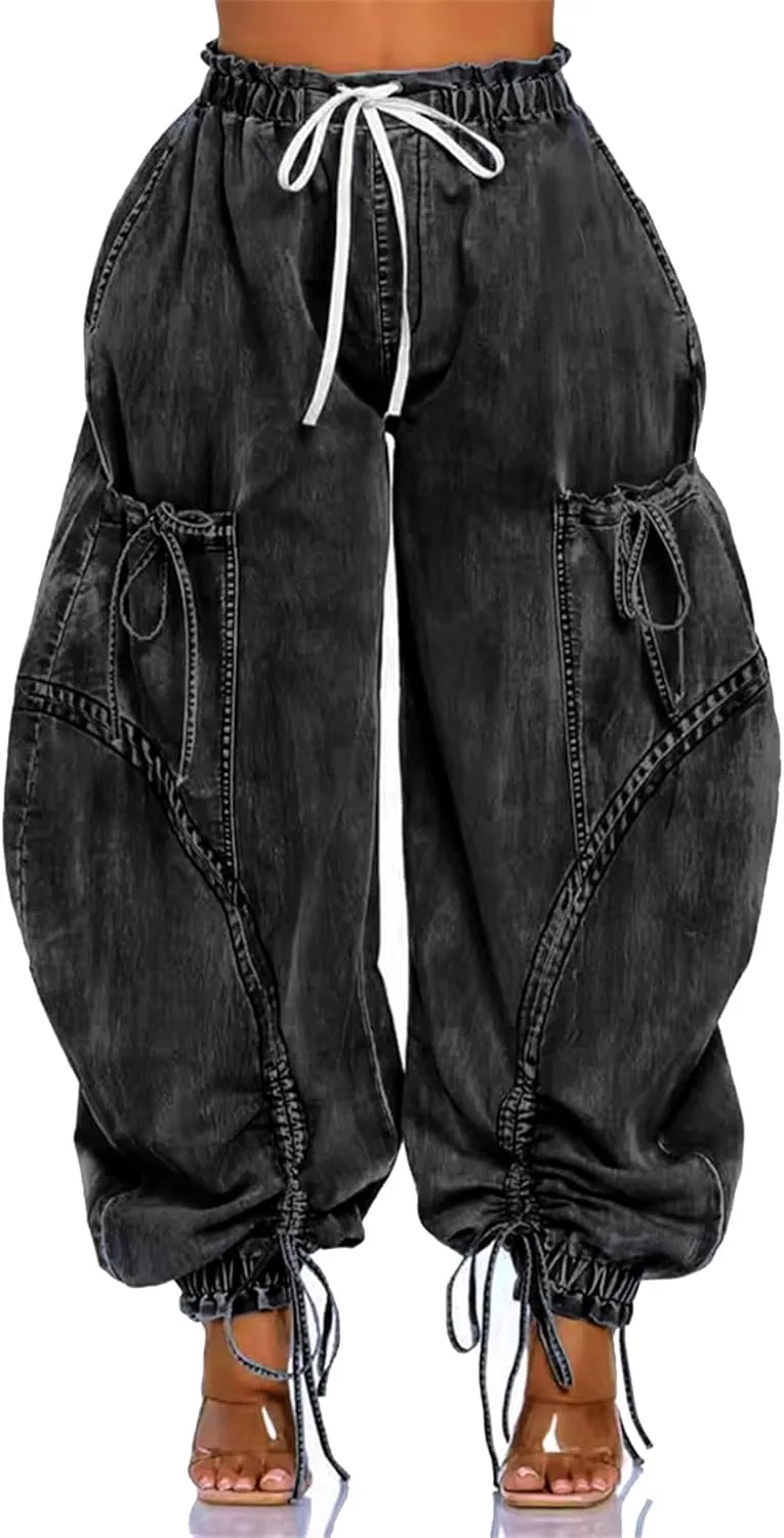 Tbahhir Baggy Cargo Jeans for Women High Waist Wide Leg Denim Pants Loose Harem Drawstring Jogger Sweatpants Trousers