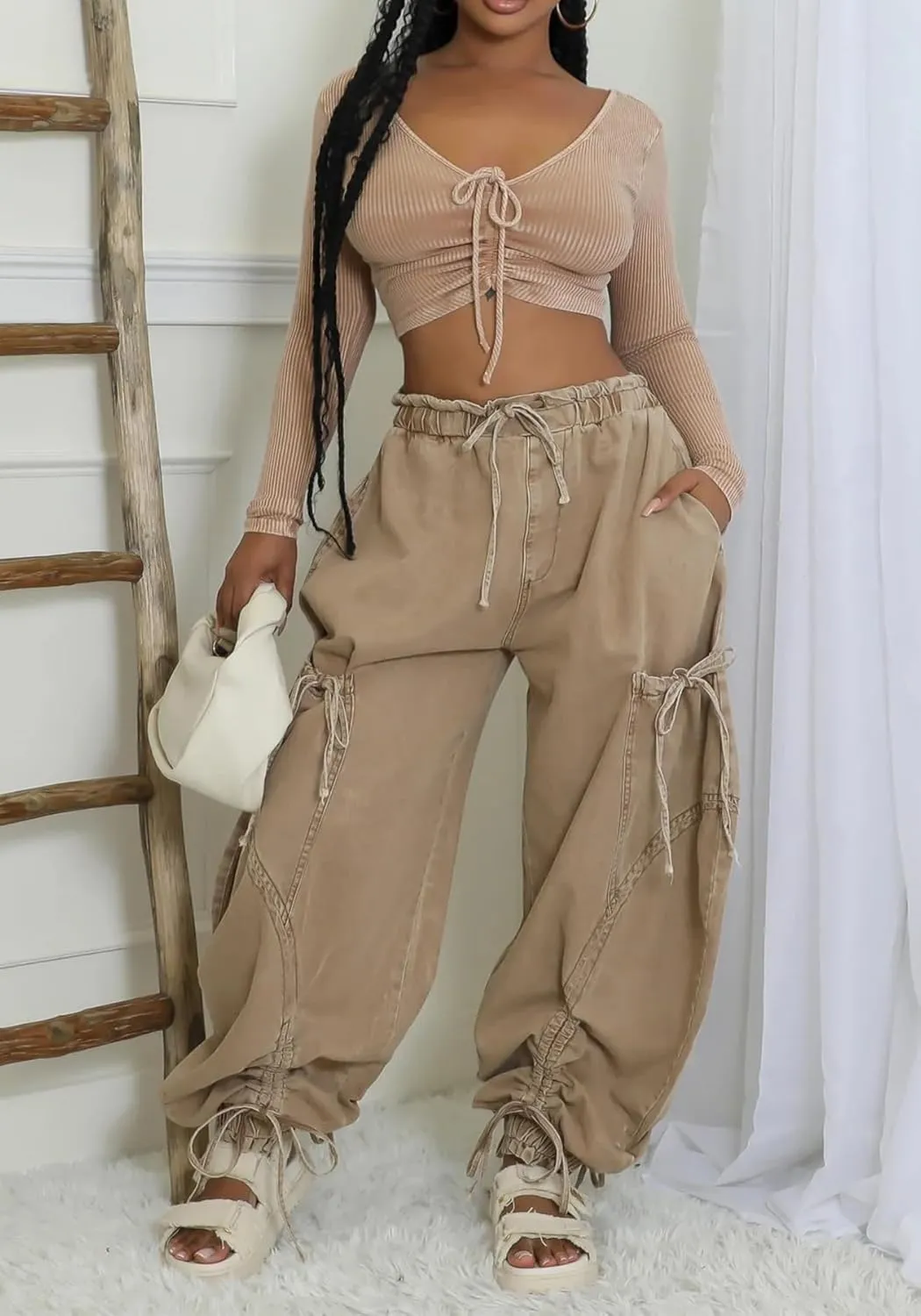 Tbahhir Baggy Cargo Jeans for Women High Waist Wide Leg Denim Pants Loose Harem Drawstring Jogger Sweatpants Trousers