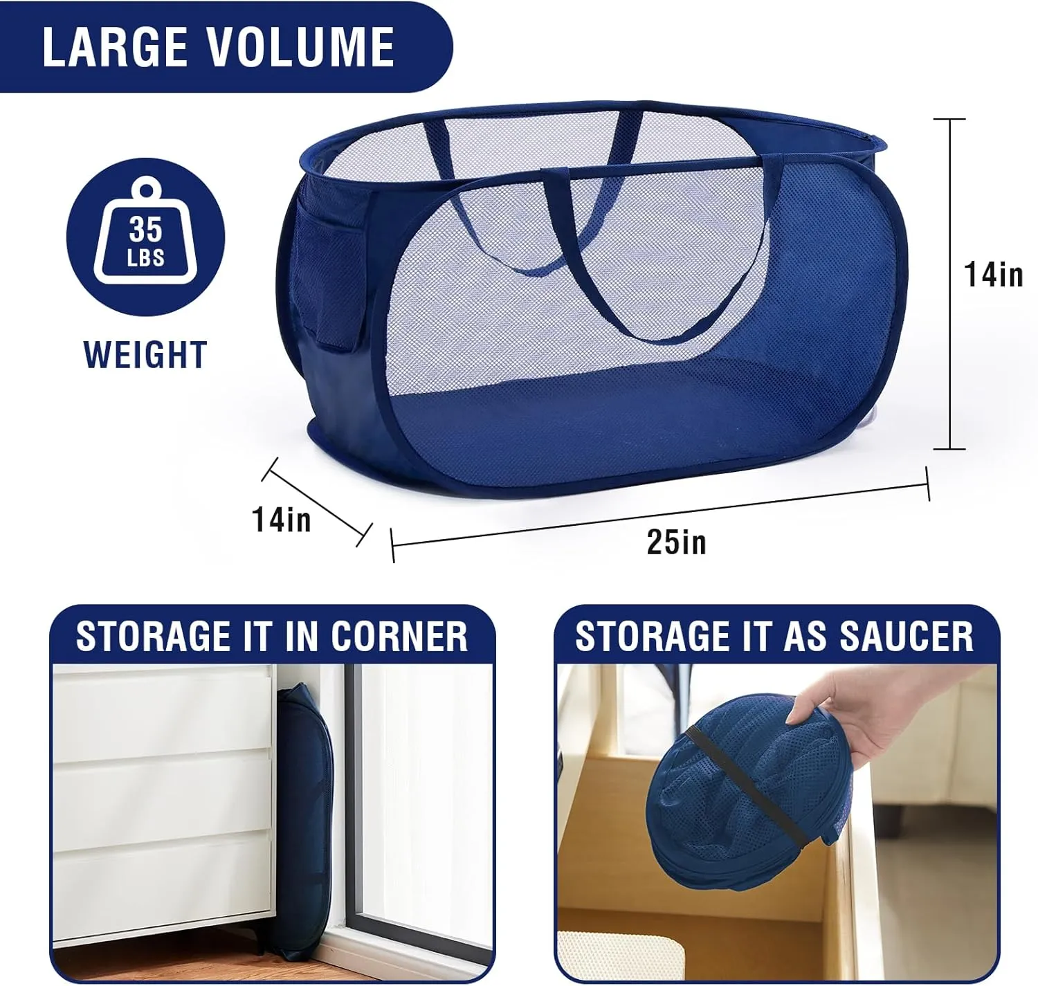 TECHMILLY Mesh Pop Up Laundry Basket with Strong Handles, Large Opening Collapsible Clothes Hampers, Portable & Easy for Use (2 Pack, Blue)