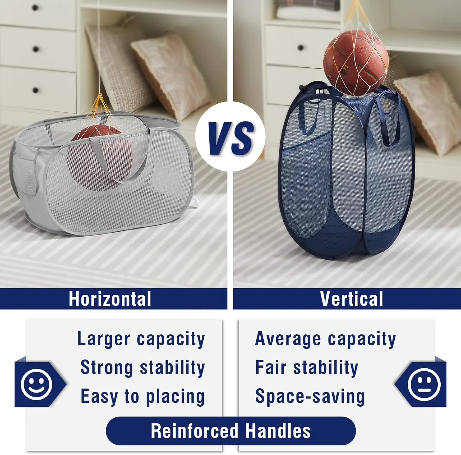 TECHMILLY Mesh Pop Up Laundry Basket with Strong Handles, Large Opening Collapsible Clothes Hampers, Portable & Easy for Use (2 Pack, Blue)