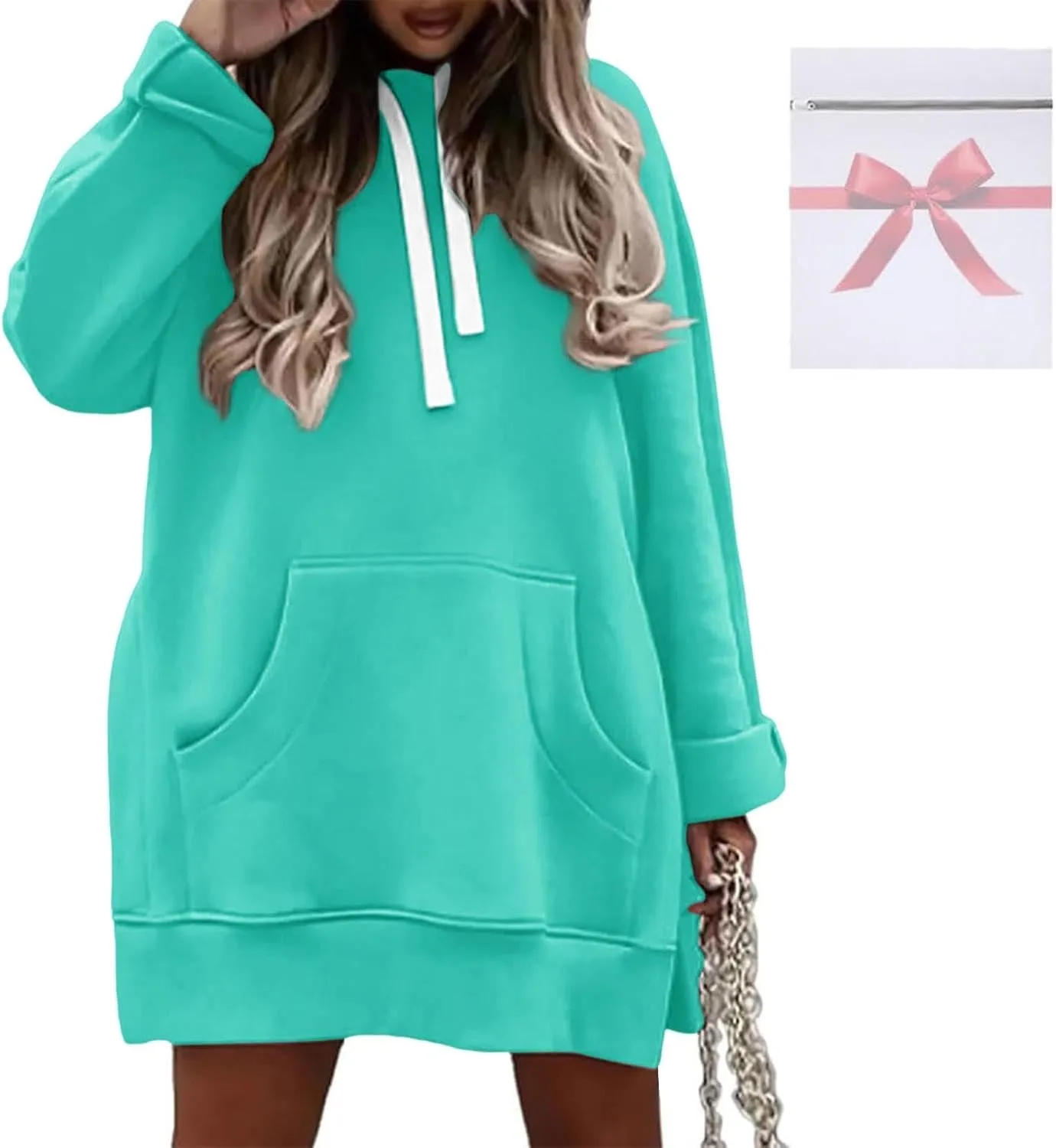 The Warmy Oversized Hoodie Dress, Warmy Hoodie, Women's Casual Pullover Split Hem Drawstring Long Sweatshirt with Pocket