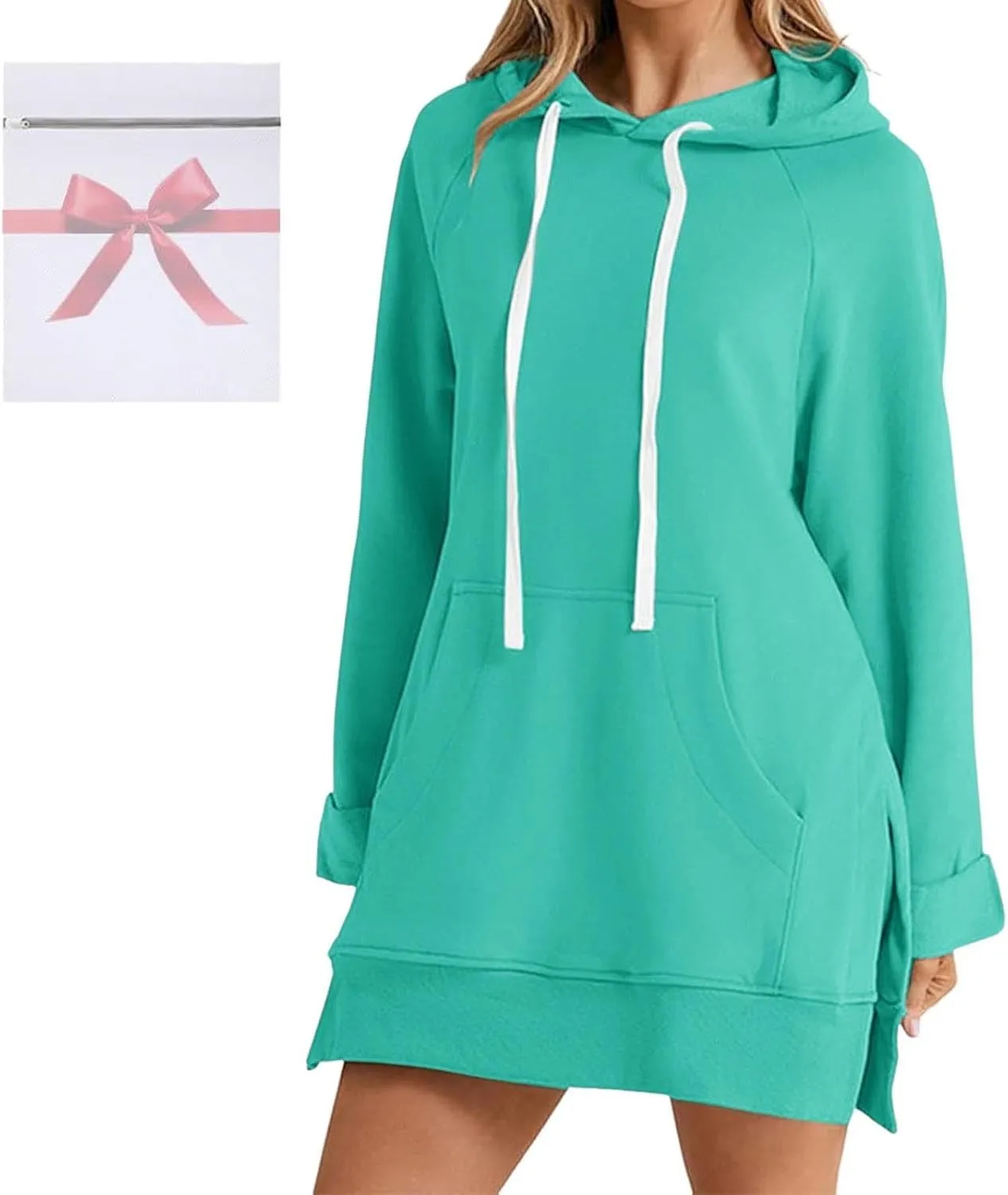The Warmy Oversized Hoodie Dress, Warmy Hoodie, Women's Casual Pullover Split Hem Drawstring Long Sweatshirt with Pocket