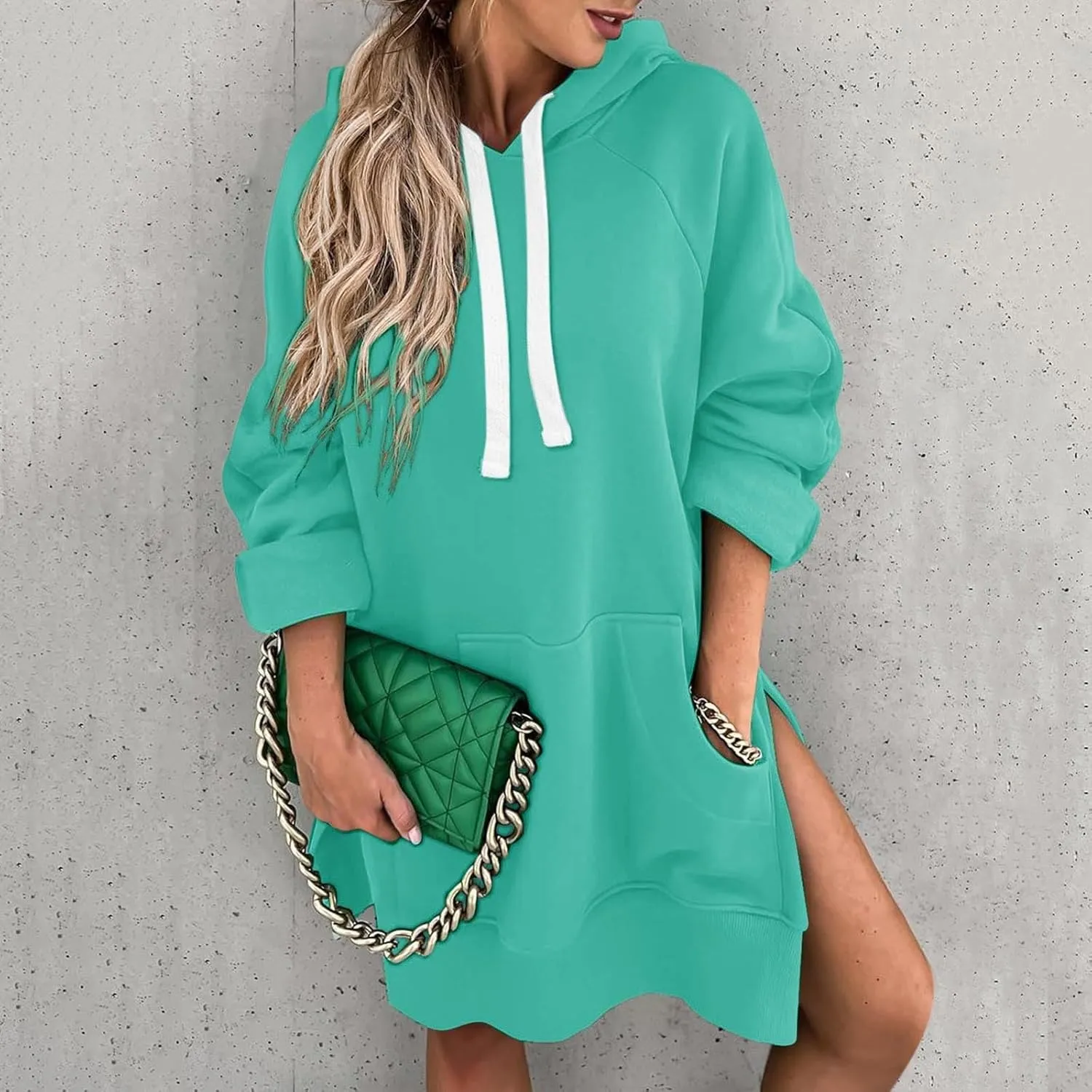 The Warmy Oversized Hoodie Dress, Warmy Hoodie, Women's Casual Pullover Split Hem Drawstring Long Sweatshirt with Pocket