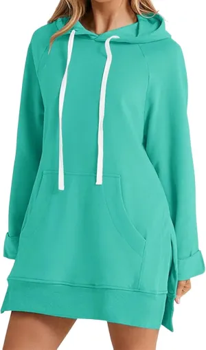 The Warmy Oversized Hoodie Dress, Warmy Hoodie, Women's Casual Pullover Split Hem Drawstring Long Sweatshirt with Pocket