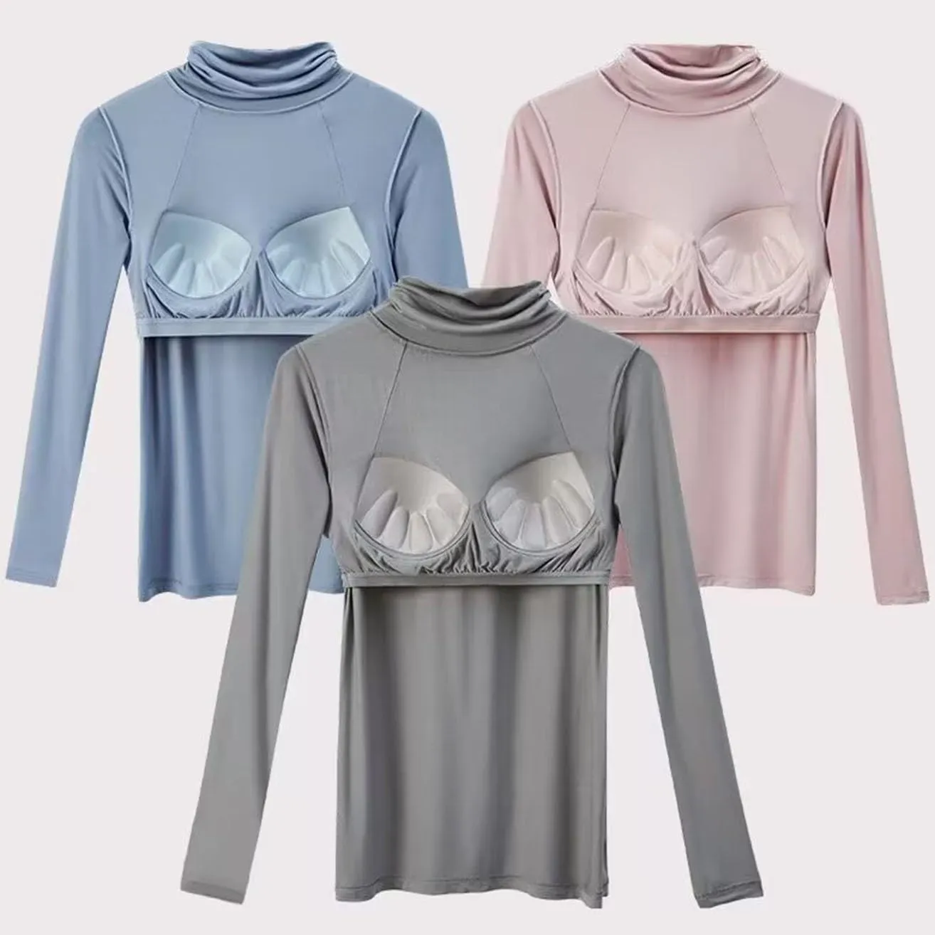 Thermal Underwear with Bra Chest Pad Tops for Women Undershirt Cotton Warm Base Layer Long Sleeve Shirts Pajama