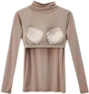 Thermal Underwear with Bra Chest Pad Tops for Women Undershirt Cotton Warm Base Layer Long Sleeve Shirts Pajama