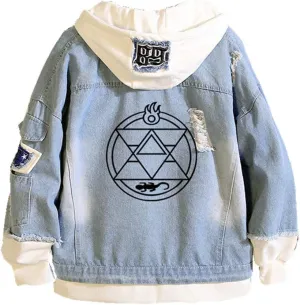 Tokisaki Anime Cosplay Denim Jacket Graphic Hoodie Jacket Hooded Sweatshirt Adult Unisex Novelty Coat for Halloween