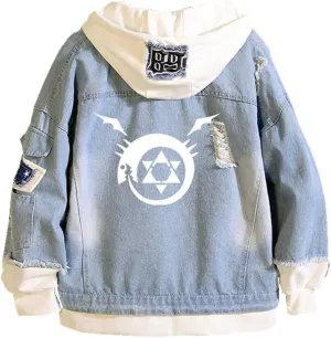 Tokisaki Anime Cosplay Denim Jacket Graphic Hoodie Jacket Hooded Sweatshirt Adult Unisex Novelty Coat for Halloween