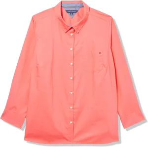 Tommy Hilfiger Women's Sportswear Long Sleeve Button Up Collared Shirt with Roll Tab Sleeve, Sherbet, 1X