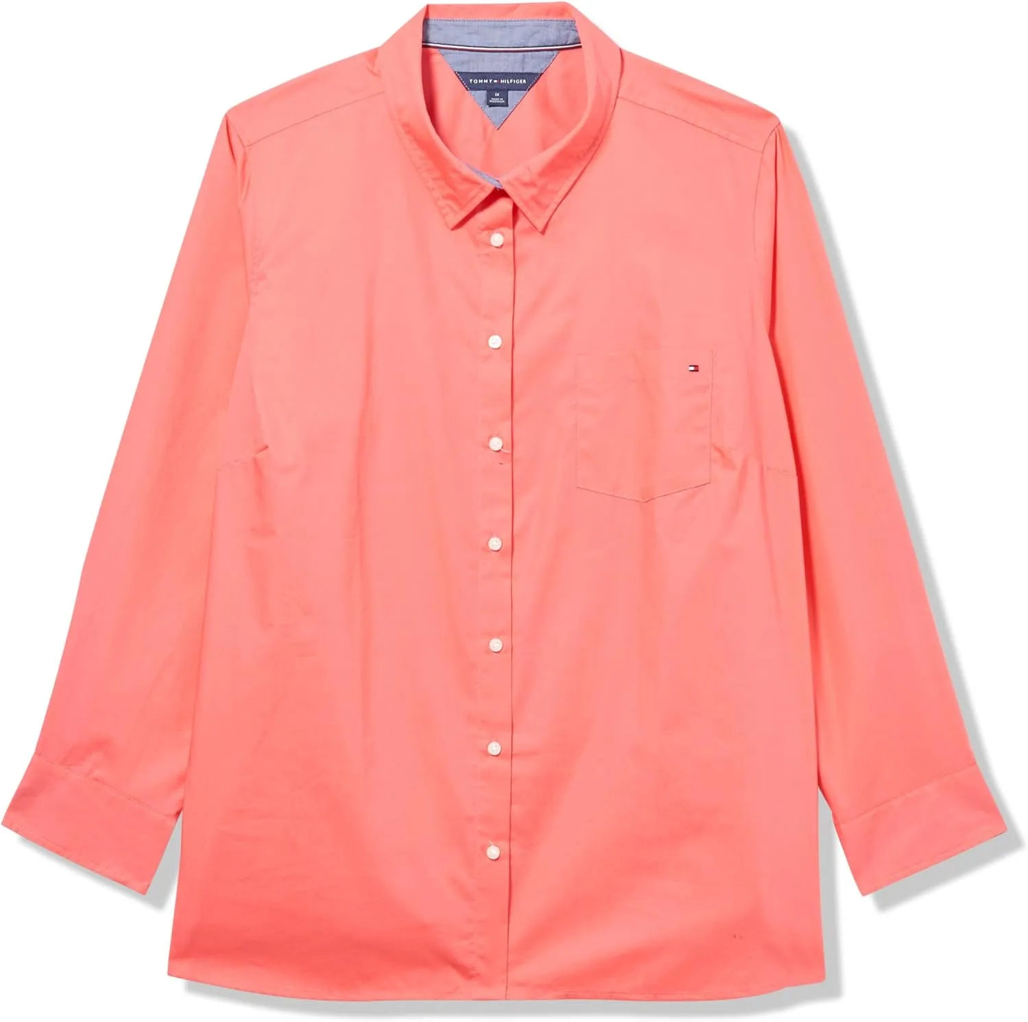 Tommy Hilfiger Women's Sportswear Long Sleeve Button Up Collared Shirt with Roll Tab Sleeve, Sherbet, 1X