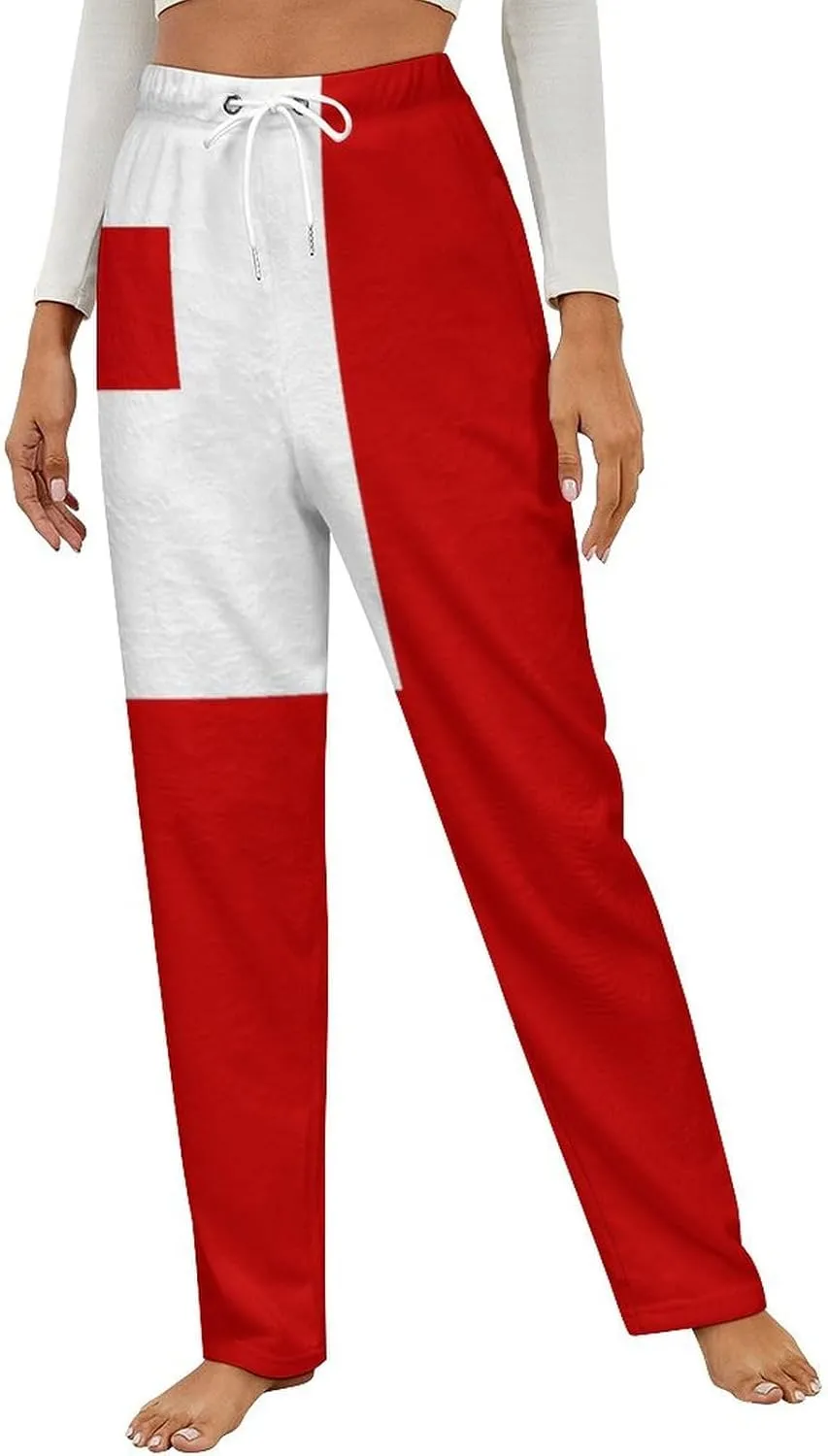 Tonga Tongan Flag Womens Flannel Pajama Pants Long Length Sleep Lounge Pants with Drawstring Belt Loungewear