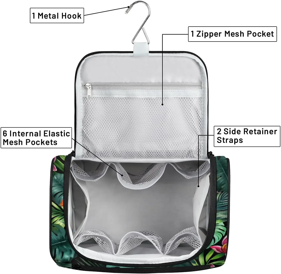 Tropical Flowers Palm Leaves Hanging Toiletry Bags Travel Makeup Bag Water-resistant Makeup Cosmetic Bag Travel Organizer