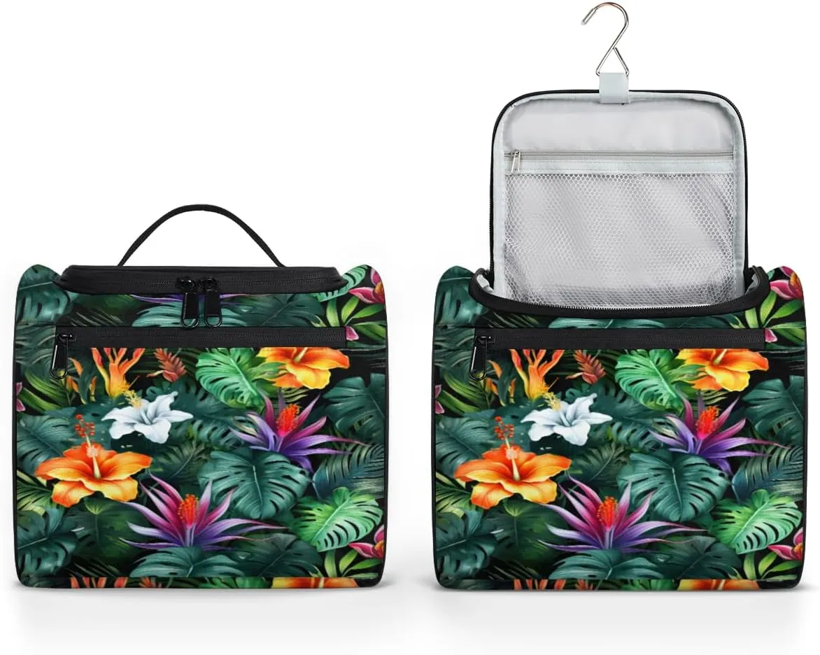 Tropical Flowers Palm Leaves Hanging Toiletry Bags Travel Makeup Bag Water-resistant Makeup Cosmetic Bag Travel Organizer