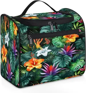 Tropical Flowers Palm Leaves Hanging Toiletry Bags Travel Makeup Bag Water-resistant Makeup Cosmetic Bag Travel Organizer