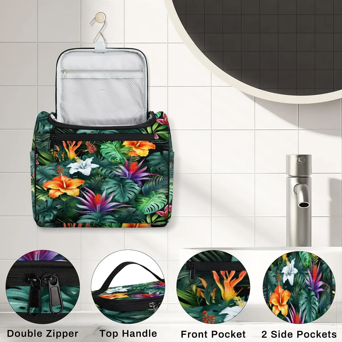 Tropical Flowers Palm Leaves Hanging Toiletry Bags Travel Makeup Bag Water-resistant Makeup Cosmetic Bag Travel Organizer